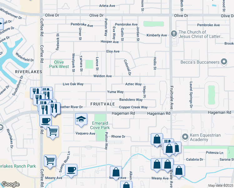 map of restaurants, bars, coffee shops, grocery stores, and more near 7220 Bandolero Way in Bakersfield