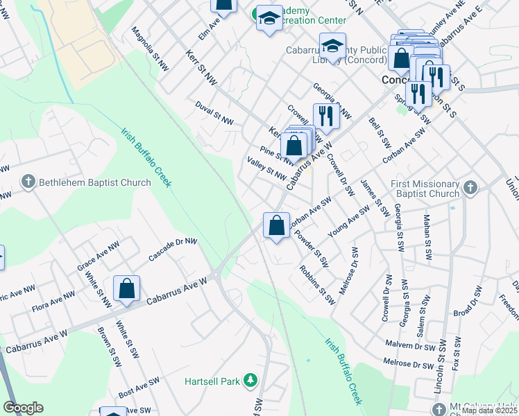 map of restaurants, bars, coffee shops, grocery stores, and more near 315 Howerton Avenue Northwest in Concord