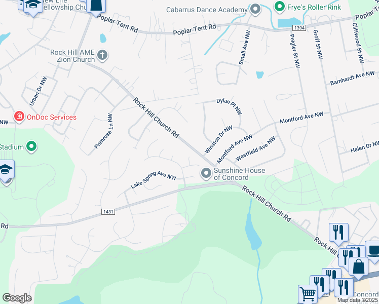 map of restaurants, bars, coffee shops, grocery stores, and more near 1208 Manor Oak Place Northwest in Concord