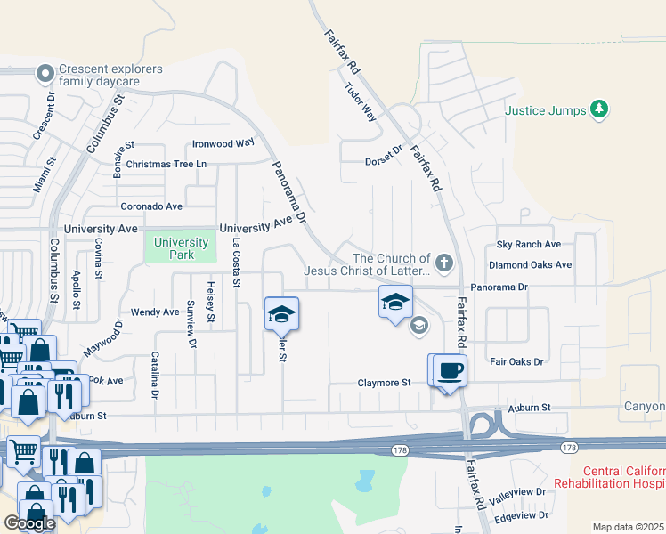 map of restaurants, bars, coffee shops, grocery stores, and more near 3205 Meadow Vista Street in Bakersfield