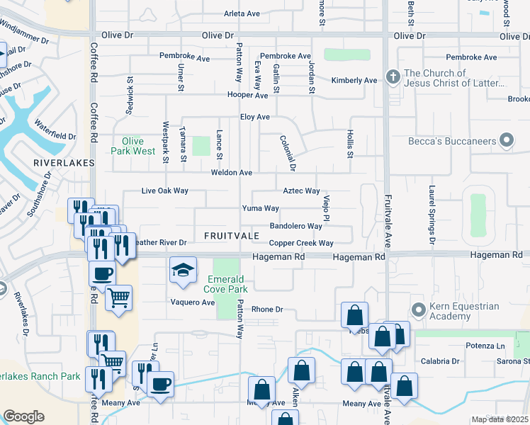 map of restaurants, bars, coffee shops, grocery stores, and more near 7220 Bandolero Way in Bakersfield