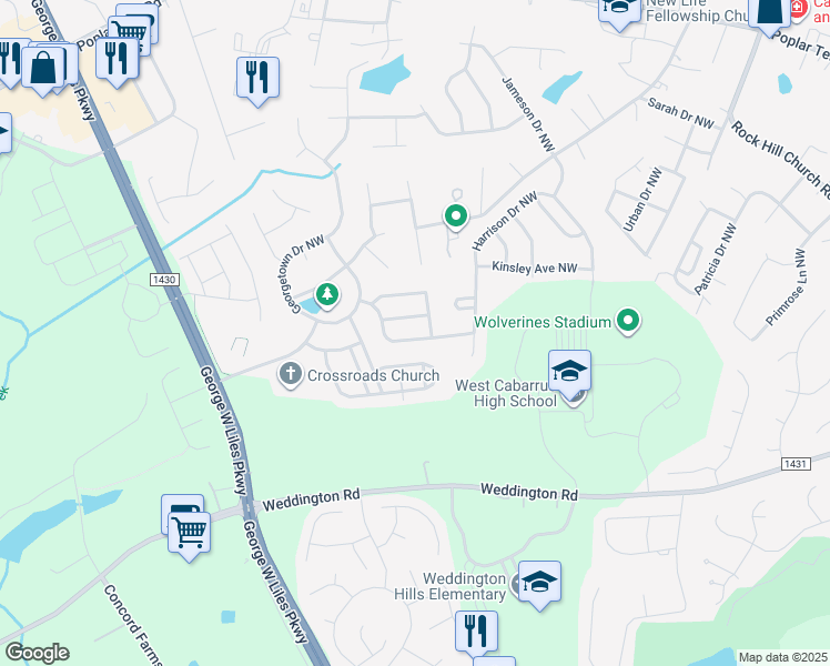 map of restaurants, bars, coffee shops, grocery stores, and more near 2702 Sunberry Lane Northwest in Concord