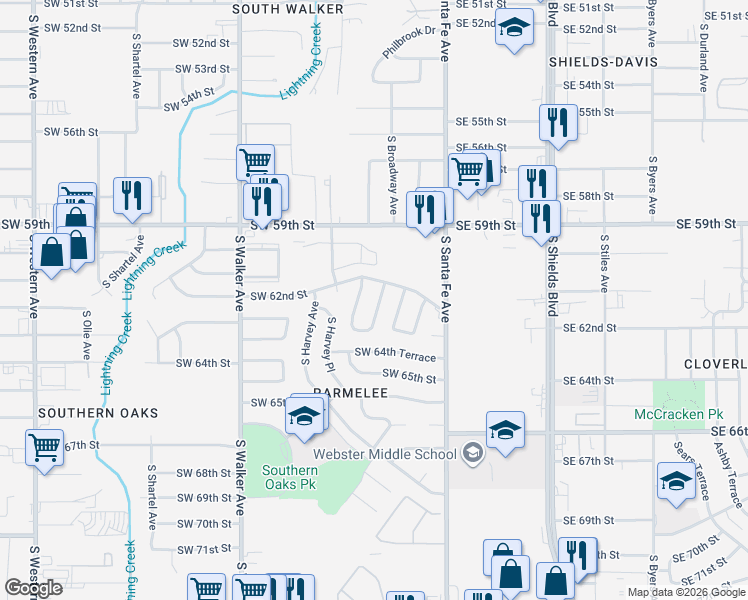 map of restaurants, bars, coffee shops, grocery stores, and more near 6321 South Broadway Avenue in Oklahoma City