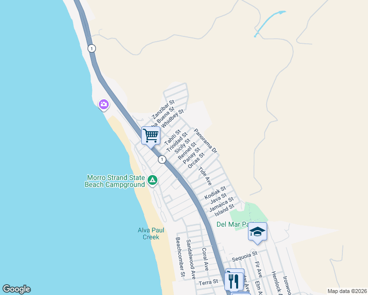 map of restaurants, bars, coffee shops, grocery stores, and more near 408 Sicily Street in Morro Bay