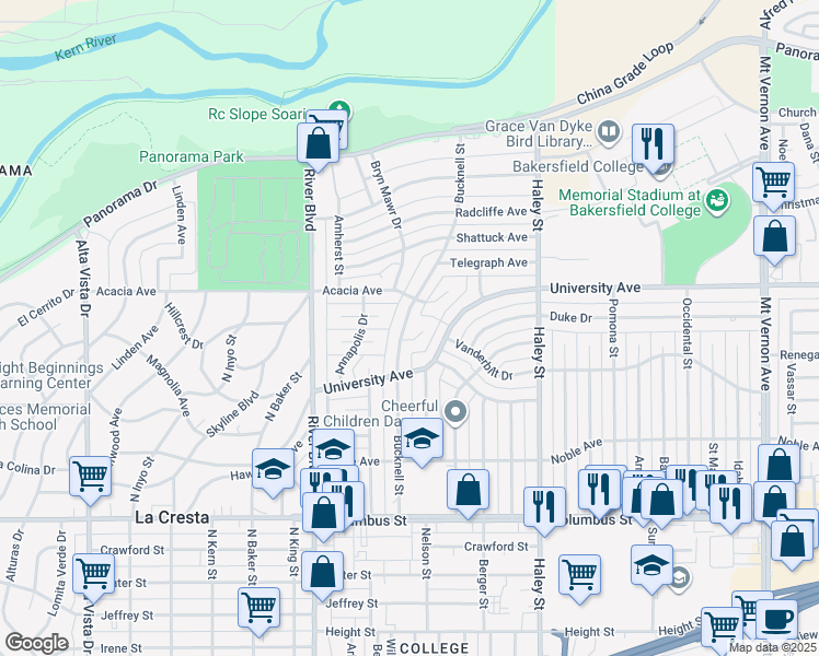 map of restaurants, bars, coffee shops, grocery stores, and more near 3217 Bucknell Street in Bakersfield