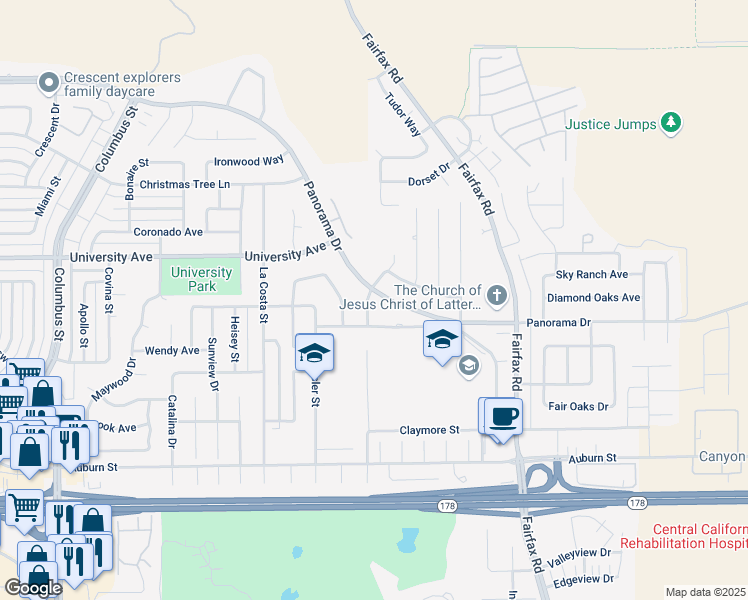 map of restaurants, bars, coffee shops, grocery stores, and more near 3205 Meadow Vista Street in Bakersfield