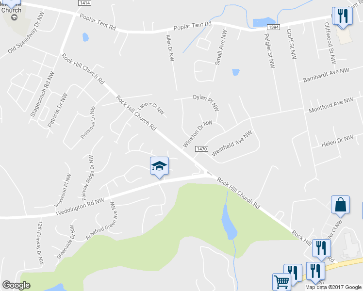 map of restaurants, bars, coffee shops, grocery stores, and more near 3200 Rock Hill Church Road in Concord