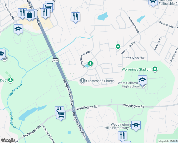 map of restaurants, bars, coffee shops, grocery stores, and more near 2582 Laurelview Drive Northwest in Concord