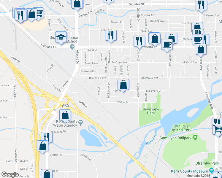 map of restaurants, bars, coffee shops, grocery stores, and more near 632 Huskey Drive in Bakersfield
