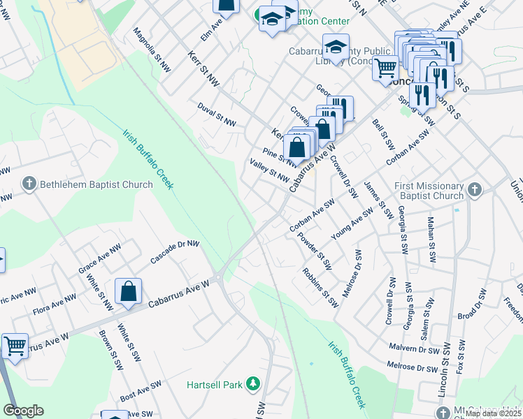 map of restaurants, bars, coffee shops, grocery stores, and more near 315 Howerton Avenue Northwest in Concord