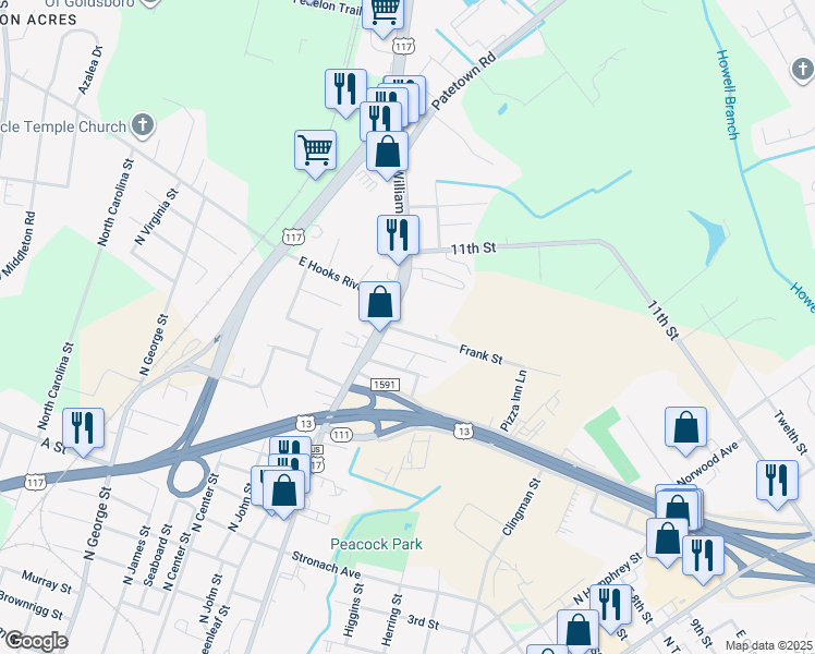 map of restaurants, bars, coffee shops, grocery stores, and more near 417 Frank Street in Goldsboro