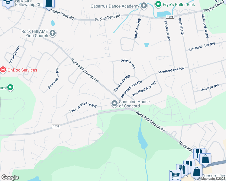 map of restaurants, bars, coffee shops, grocery stores, and more near 3200 Rock Hill Church Road in Concord