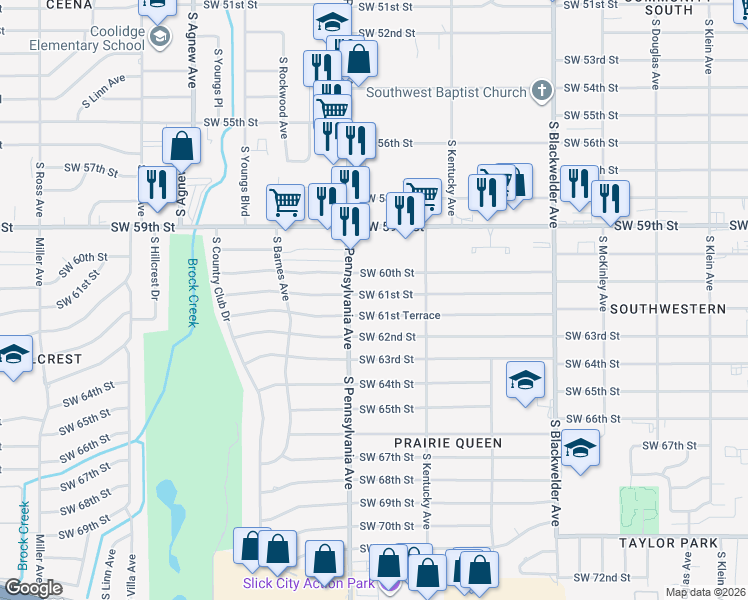 map of restaurants, bars, coffee shops, grocery stores, and more near 1604 Southwest 61st Terrace in Oklahoma City