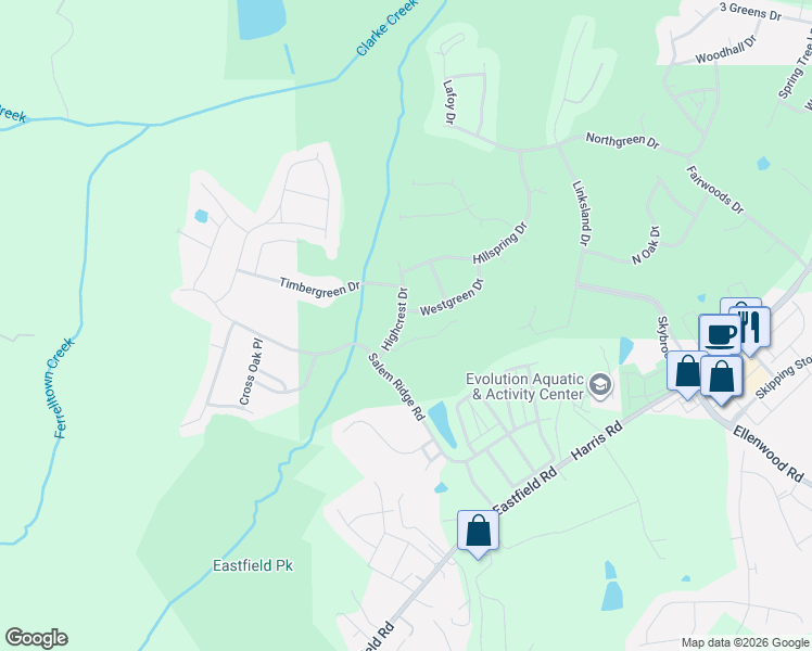 map of restaurants, bars, coffee shops, grocery stores, and more near 11124 Highcrest Drive in Huntersville