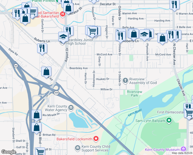 map of restaurants, bars, coffee shops, grocery stores, and more near 124 Hickerson Drive in Bakersfield