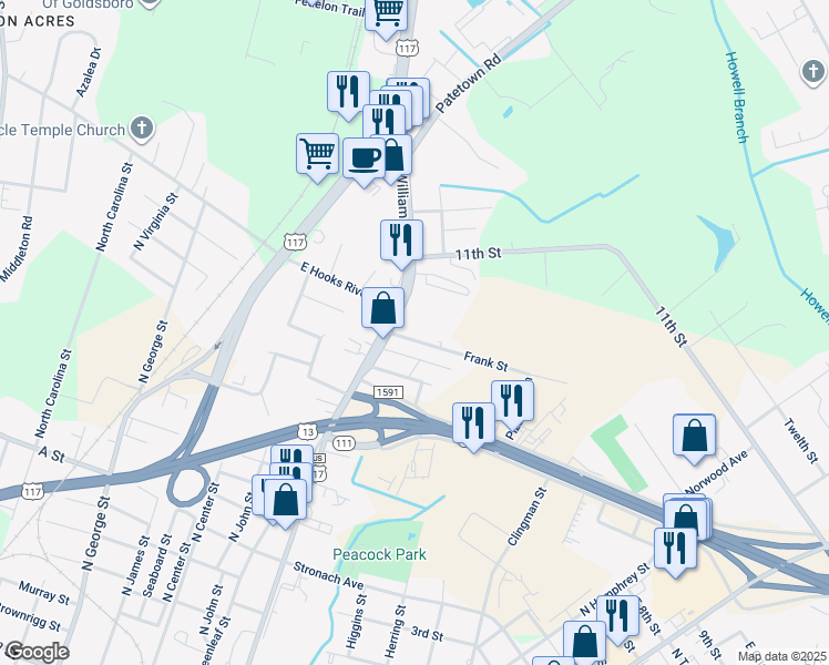 map of restaurants, bars, coffee shops, grocery stores, and more near 417 Frank Street in Goldsboro