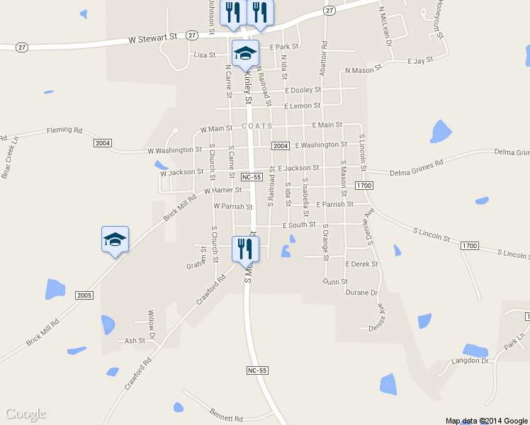 map of restaurants, bars, coffee shops, grocery stores, and more near 292 South Railroad Street in Coats