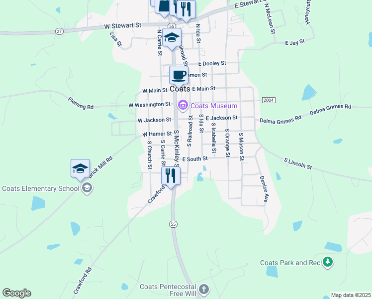 map of restaurants, bars, coffee shops, grocery stores, and more near 292 South Railroad Street in Coats