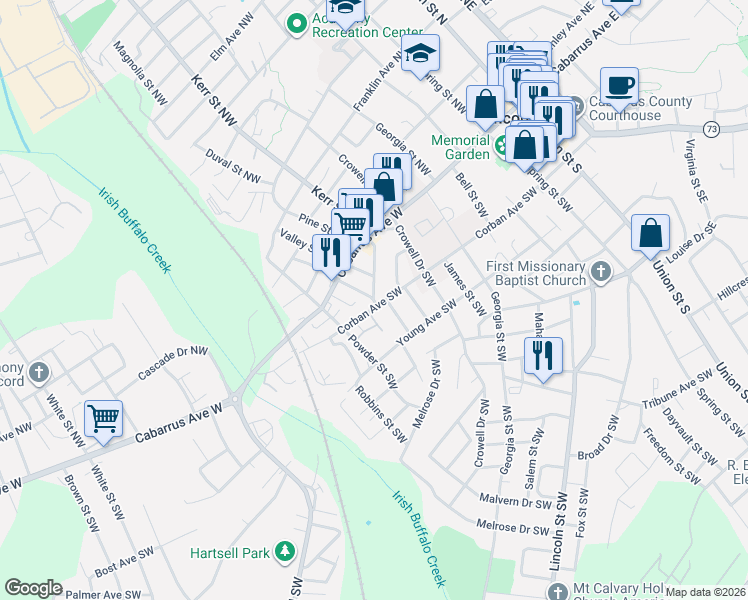 map of restaurants, bars, coffee shops, grocery stores, and more near 255 Corban Avenue Southwest in Concord