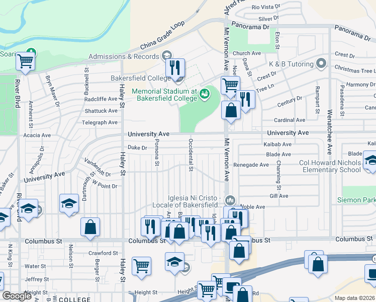 map of restaurants, bars, coffee shops, grocery stores, and more near 3300 Occidental Street in Bakersfield