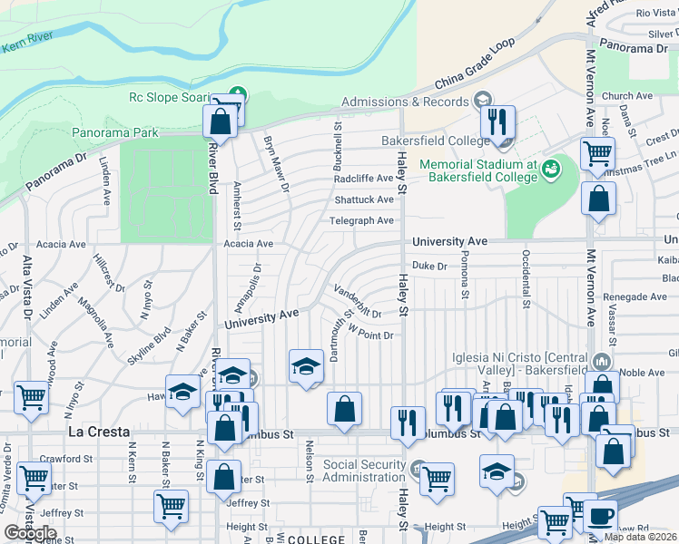 map of restaurants, bars, coffee shops, grocery stores, and more near 1101 Vanderbilt Drive in Bakersfield