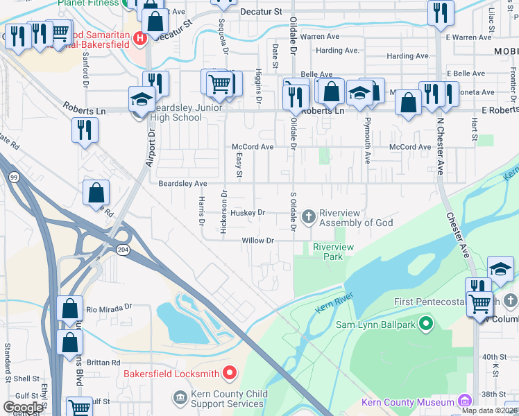 map of restaurants, bars, coffee shops, grocery stores, and more near 607 Huskey Drive in Bakersfield