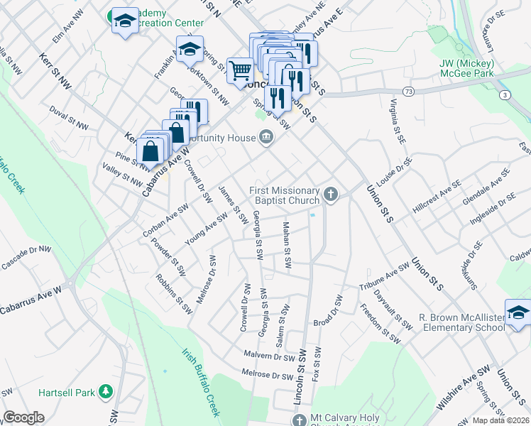map of restaurants, bars, coffee shops, grocery stores, and more near 155 Chestnut Drive Southwest in Concord