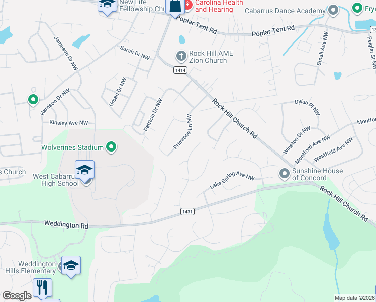 map of restaurants, bars, coffee shops, grocery stores, and more near 3936 Saint Andrews Circle Northwest in Concord