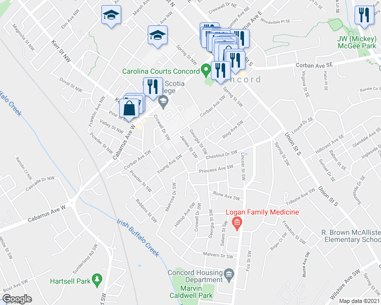 map of restaurants, bars, coffee shops, grocery stores, and more near 173 Young Avenue Southwest in Concord