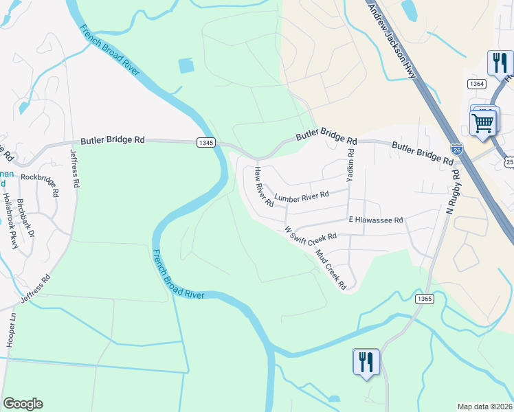 map of restaurants, bars, coffee shops, grocery stores, and more near 234 Roanoke Road in Fletcher