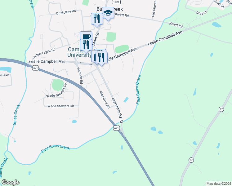 map of restaurants, bars, coffee shops, grocery stores, and more near 11 Hawley Drive in Lillington
