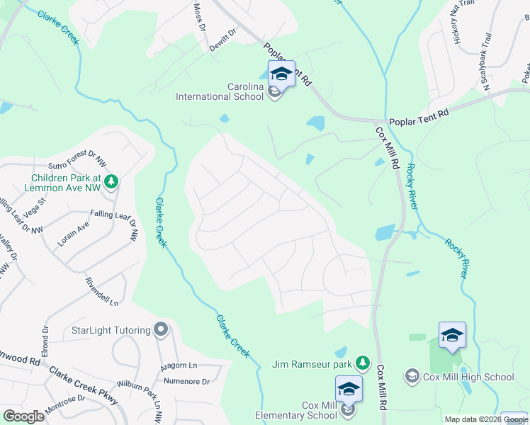 map of restaurants, bars, coffee shops, grocery stores, and more near 9583 Garamont Parkway Northwest in Concord