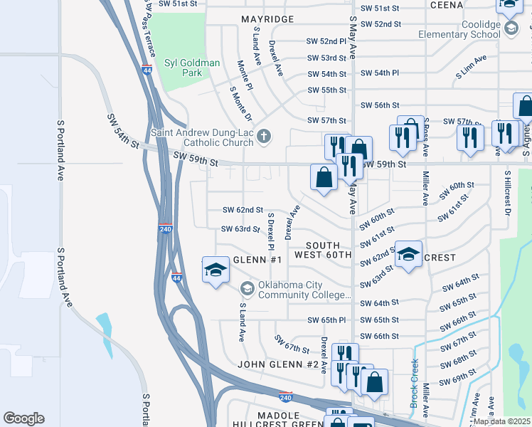 map of restaurants, bars, coffee shops, grocery stores, and more near 6324 South Drexel Place in Oklahoma City