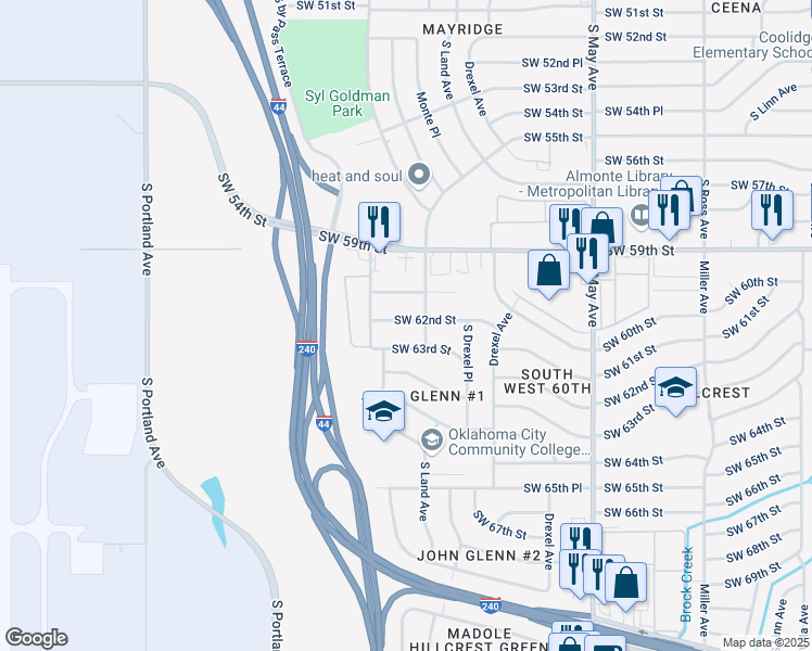 map of restaurants, bars, coffee shops, grocery stores, and more near 3208 Southwest 62nd Street in Oklahoma City