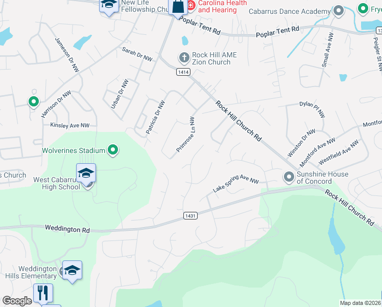 map of restaurants, bars, coffee shops, grocery stores, and more near 3936 Saint Andrews Circle Northwest in Concord