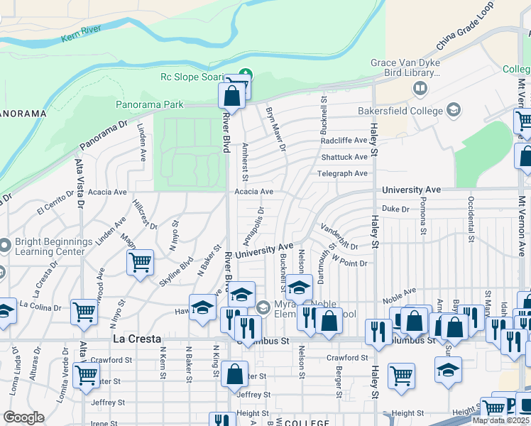 map of restaurants, bars, coffee shops, grocery stores, and more near 1001 Oxford Court in Bakersfield