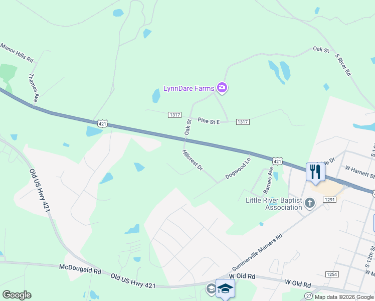 map of restaurants, bars, coffee shops, grocery stores, and more near 17 Hillcrest Drive in Lillington