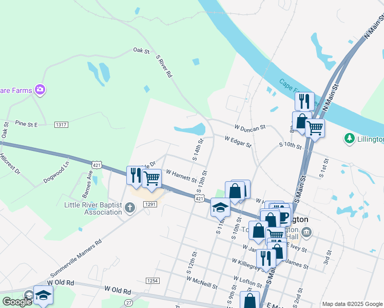 map of restaurants, bars, coffee shops, grocery stores, and more near 406 North 14th Street in Lillington