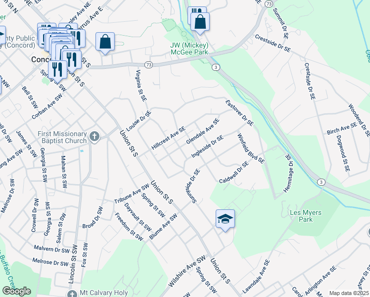 map of restaurants, bars, coffee shops, grocery stores, and more near 90 Glendale Avenue Southeast in Concord