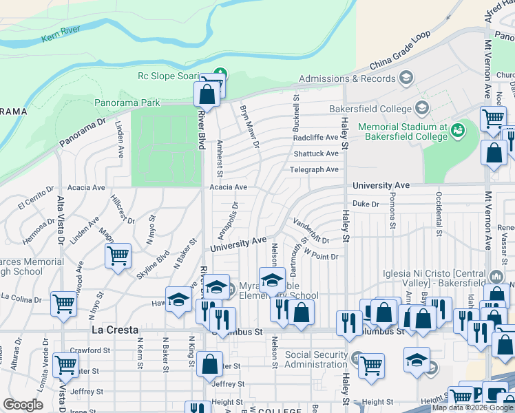 map of restaurants, bars, coffee shops, grocery stores, and more near 3412 Bucknell Street in Bakersfield