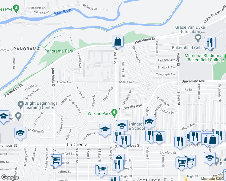 map of restaurants, bars, coffee shops, grocery stores, and more near 811 Acacia Avenue in Bakersfield
