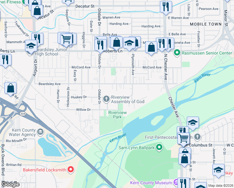 map of restaurants, bars, coffee shops, grocery stores, and more near 329 Beardsley Avenue in Bakersfield
