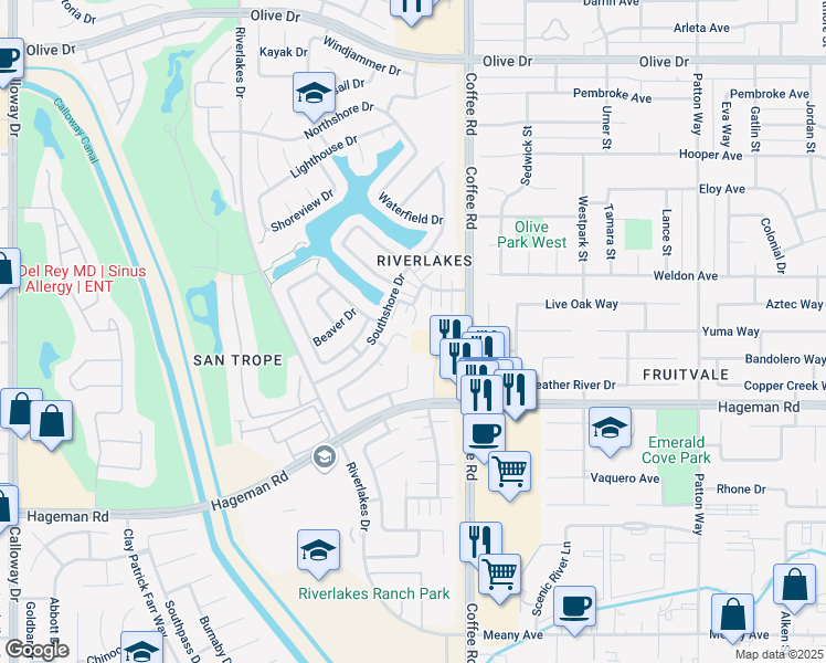 map of restaurants, bars, coffee shops, grocery stores, and more near 4908 Rock Bottom Way in Bakersfield