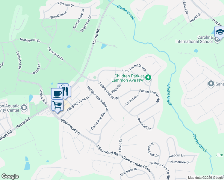 map of restaurants, bars, coffee shops, grocery stores, and more near 10405 Goosefoot Court Northwest in Concord