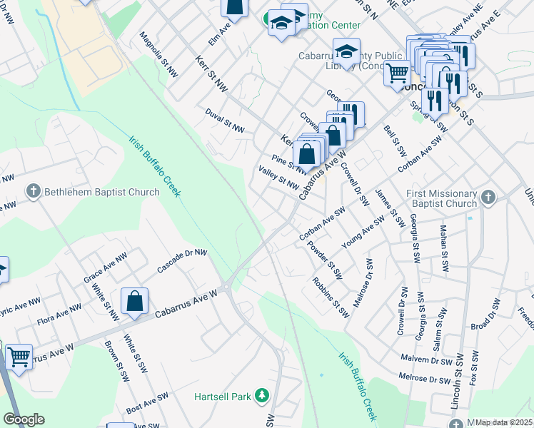 map of restaurants, bars, coffee shops, grocery stores, and more near 316 Howerton Avenue Northwest in Concord