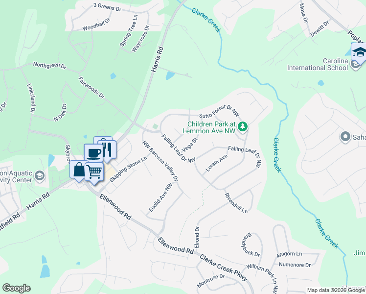 map of restaurants, bars, coffee shops, grocery stores, and more near 10405 Goosefoot Court Northwest in Concord