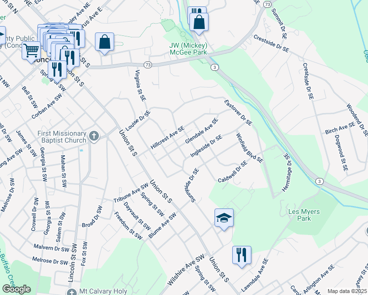 map of restaurants, bars, coffee shops, grocery stores, and more near 90 Glendale Avenue Southeast in Concord
