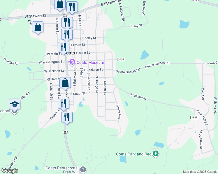 map of restaurants, bars, coffee shops, grocery stores, and more near 349 East Parrish Street in Coats