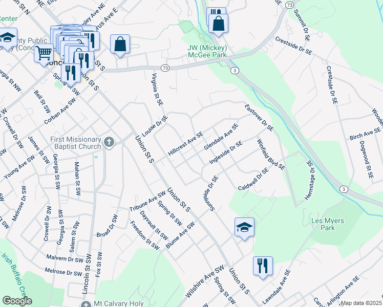 map of restaurants, bars, coffee shops, grocery stores, and more near 75 Glendale Avenue Southeast in Concord
