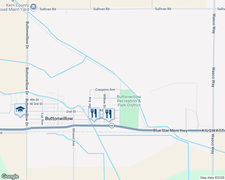 map of restaurants, bars, coffee shops, grocery stores, and more near 496 Sudan Avenue in Buttonwillow